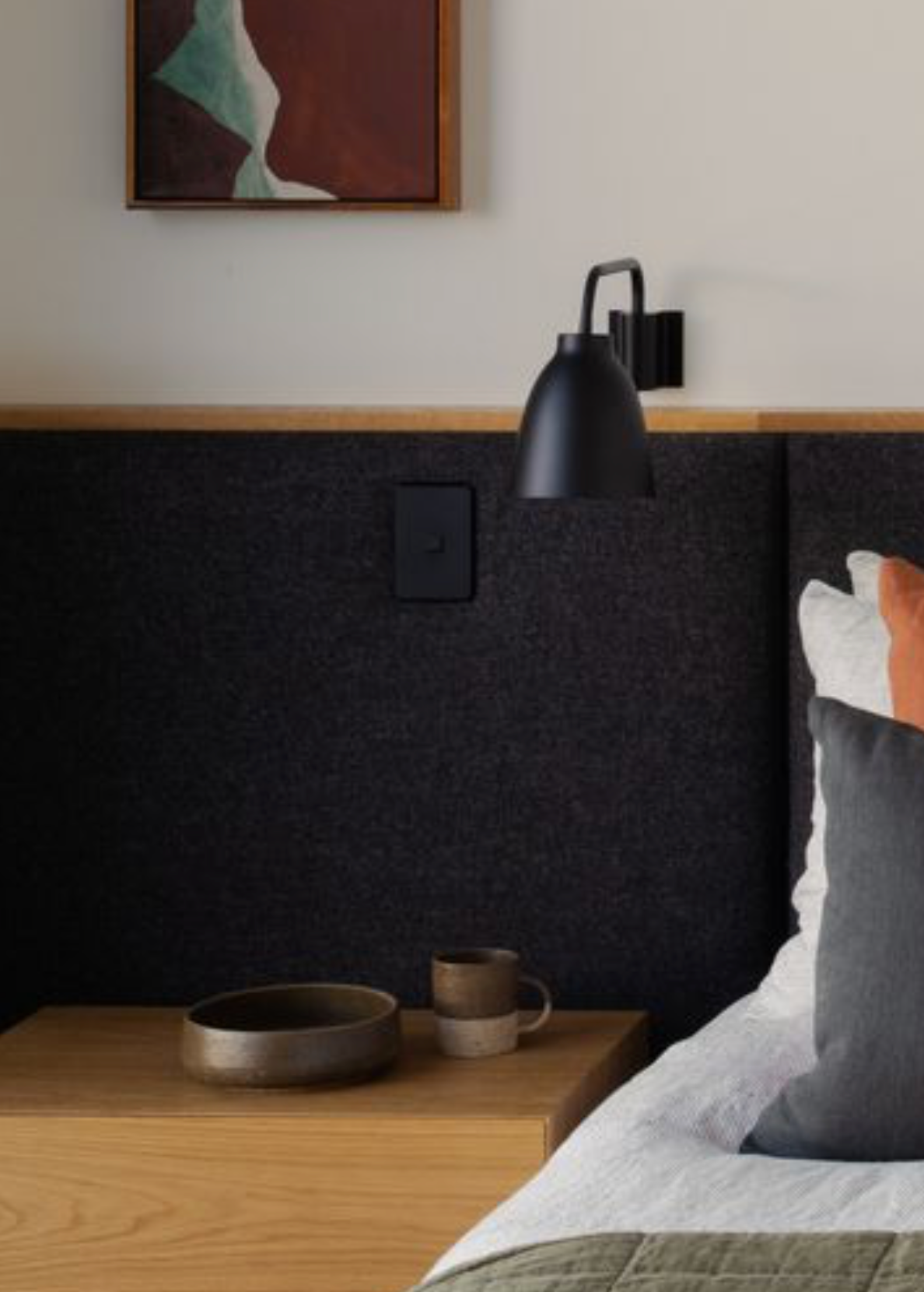 Unique textured bowls handmade by potter Kirsten Dryburgh. Photographed insitu on a bedside table